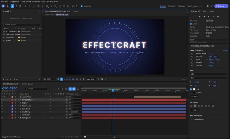 EffectCraft's composition view with an animated title and the timeline