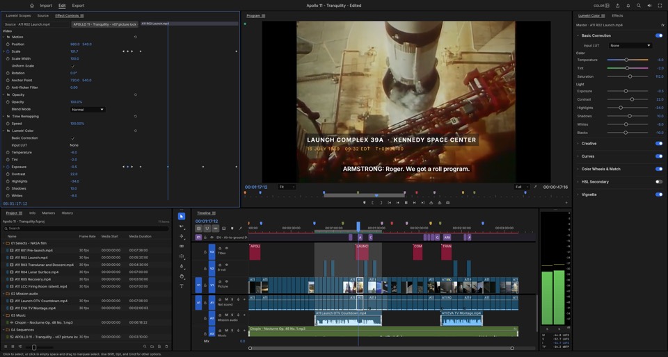 FilmCraft's timeline editing NASA Apollo 11 footage