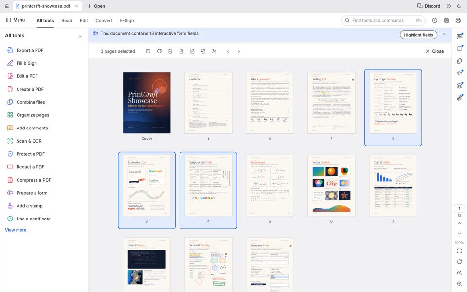 PdfCraft's page organizer with the All tools panel open
