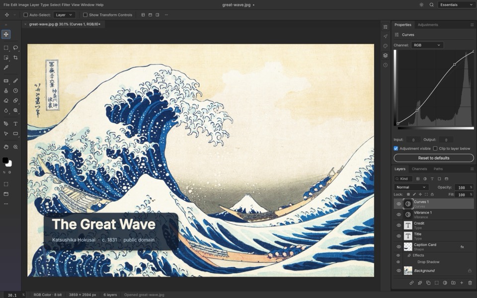 PhotoCraft editing The Great Wave off Kanagawa, with the layers and curves panels open