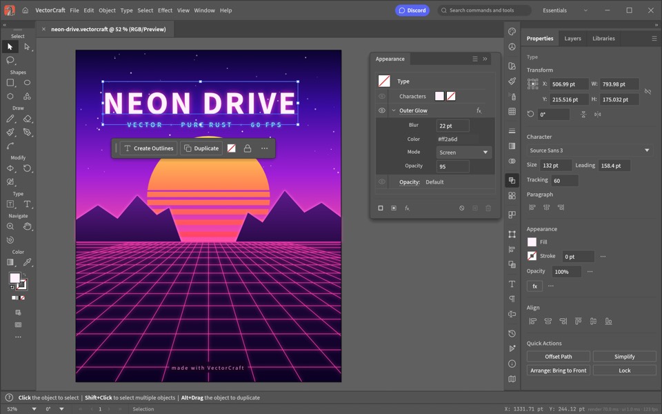 VectorCraft with a neon synthwave poster on the artboard